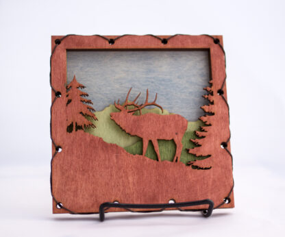 Elk and Mountains Home Decor with four layers of wood