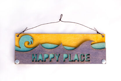 Happy Place Text Sign with Ocean Waves