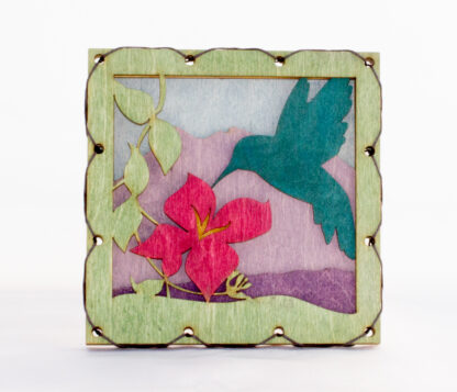 Hummingbird with flowers and Mountains Home Decor with four layers of wood