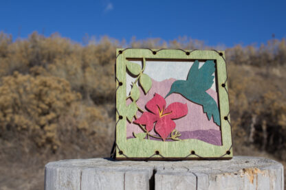 Hummingbird with flowers and Mountains Home Decor with four layers of wood