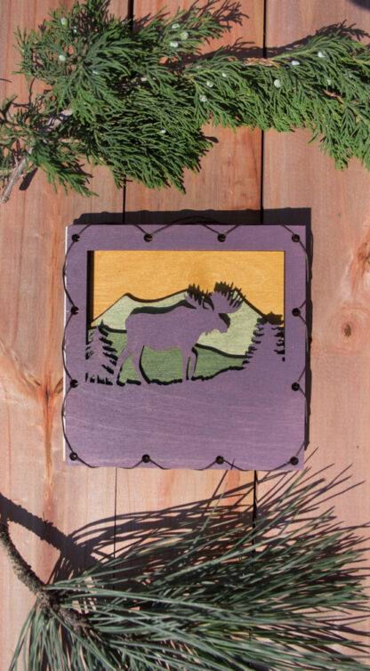 Moose with Mountains Home Decor with four layers of wood