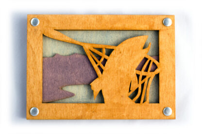 Trout caught in a net laser cut wooden wall art laser cut form natural wood, hand stained and assembled with steel grommets. Tri-layered with a brown fish, purple land, and grey background.