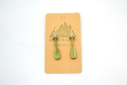 Wooden canoe oar earrings, green, on card