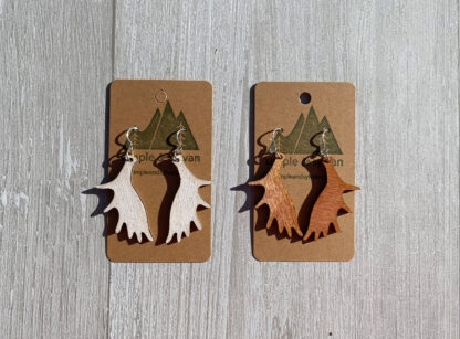 Moose paddle earrings. in orange and white on cards