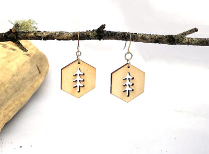 hexagon tree shape earrings, hanging on tree, in natural