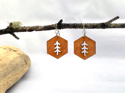 hexagon tree shape earrings, hanging on tree, in orange