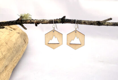 Modern rustic wood and sterling silver hexagon mountain earrings that are nature inspired. in natural