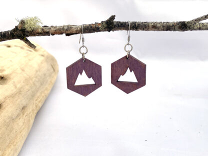 Modern rustic wood and sterling silver hexagon mountain earrings that are nature inspired. in purple