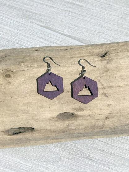 Modern rustic wood and sterling silver hexagon mountain earrings that are nature inspired. in purple