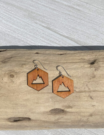 Modern rustic wood and sterling silver hexagon mountain earrings that are nature inspired. in orange