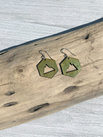Modern rustic wood and sterling silver hexagon mountain earrings that are nature inspired. in green