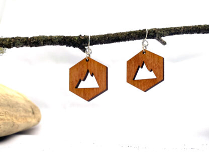 Modern rustic wood and sterling silver hexagon mountain earrings that are nature inspired. in orange