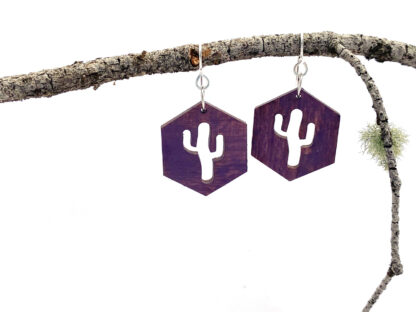 Rustic and adorable purple wooden Hexagon earrings with a saguaro cactus laser cut out of the middle