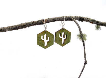 Rustic and adorable Green wooden Hexagon earrings with a saguaro cactus laser cut out of the middle