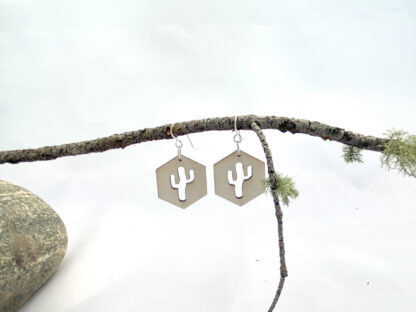 Rustic and adorable natural wooden Hexagon earrings with a saguaro cactus laser cut out of the middle